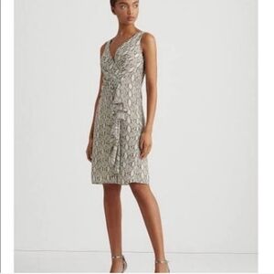 Lauren Ralph Lauren Taupe Snake Surplice Print Dress Womens 14 Midi Python EUC